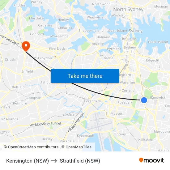 Kensington (NSW) to Strathfield (NSW) map