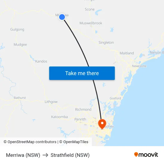 Merriwa (NSW) to Strathfield (NSW) map