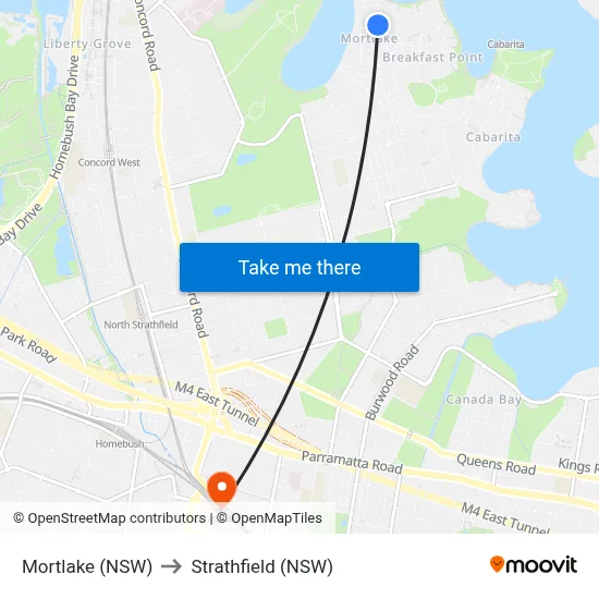 Mortlake (NSW) to Strathfield (NSW) map