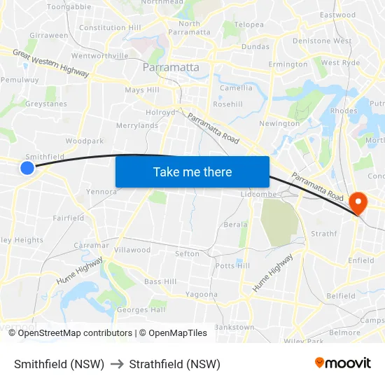 Smithfield (NSW) to Strathfield (NSW) map