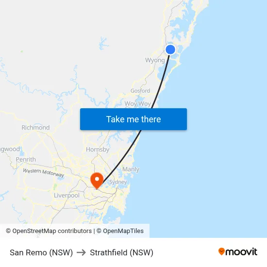 San Remo (NSW) to Strathfield (NSW) map