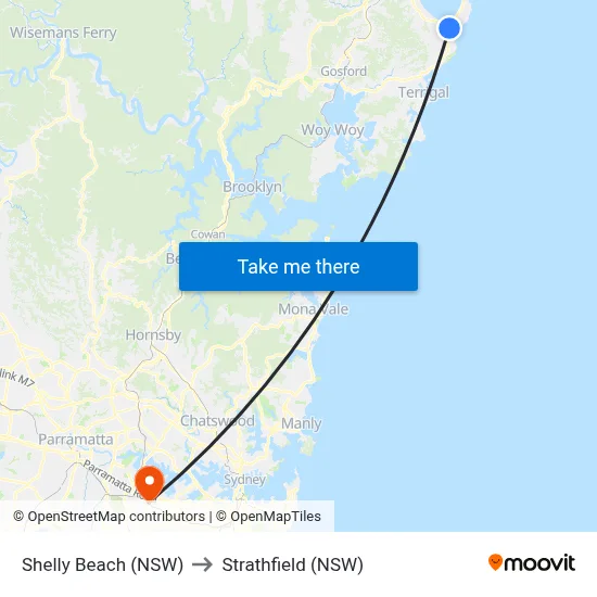 Shelly Beach (NSW) to Strathfield (NSW) map