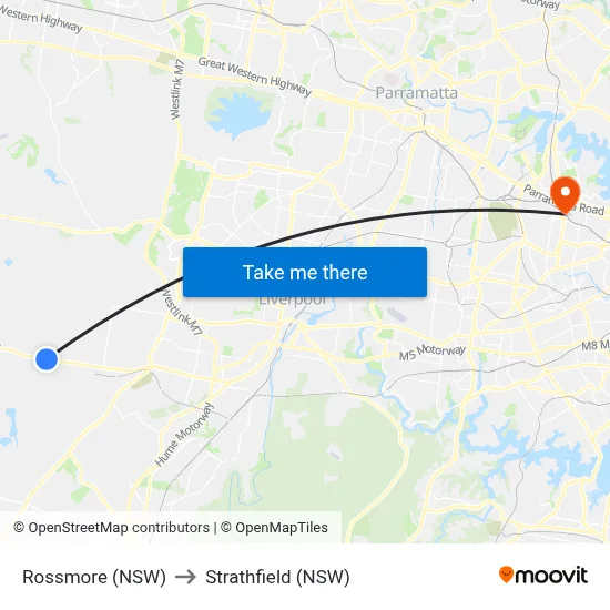 Rossmore (NSW) to Strathfield (NSW) map