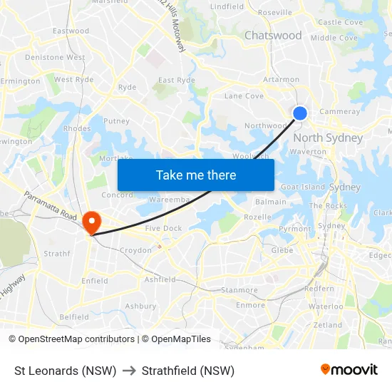 St Leonards (NSW) to Strathfield (NSW) map