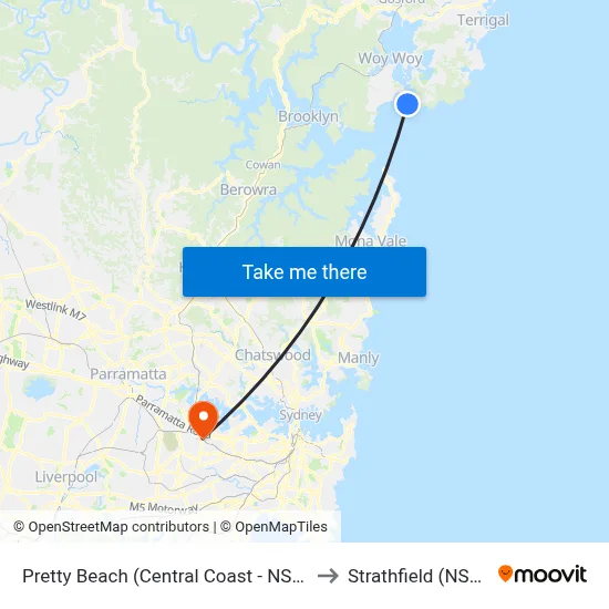 Pretty Beach (Central Coast - NSW) to Strathfield (NSW) map