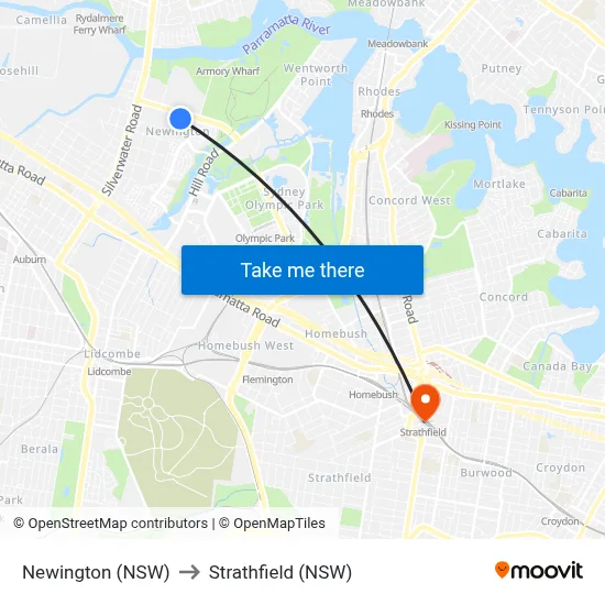 Newington (NSW) to Strathfield (NSW) map