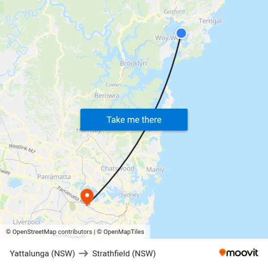 Yattalunga (NSW) to Strathfield (NSW) map