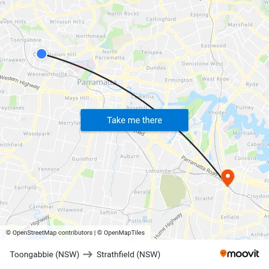 Toongabbie (NSW) to Strathfield (NSW) map