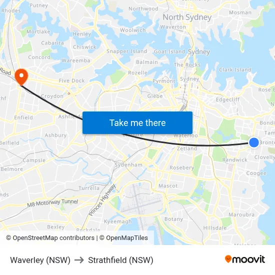 Waverley (NSW) to Strathfield (NSW) map