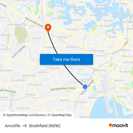 Arncliffe to Strathfield (NSW) map