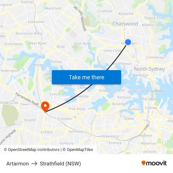 Artarmon to Strathfield (NSW) map