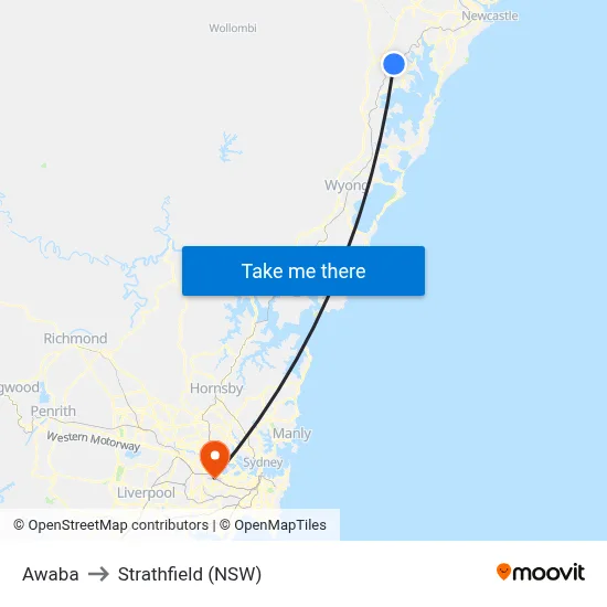 Awaba to Strathfield (NSW) map