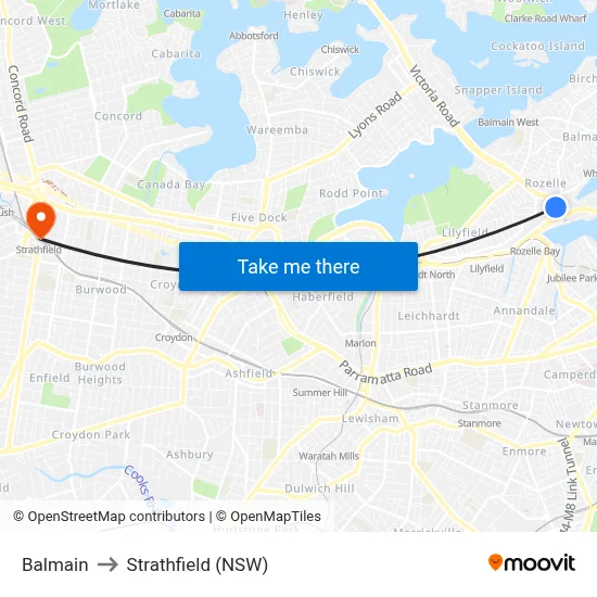 Balmain to Strathfield (NSW) map