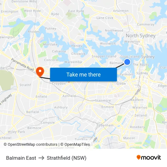 Balmain East to Strathfield (NSW) map