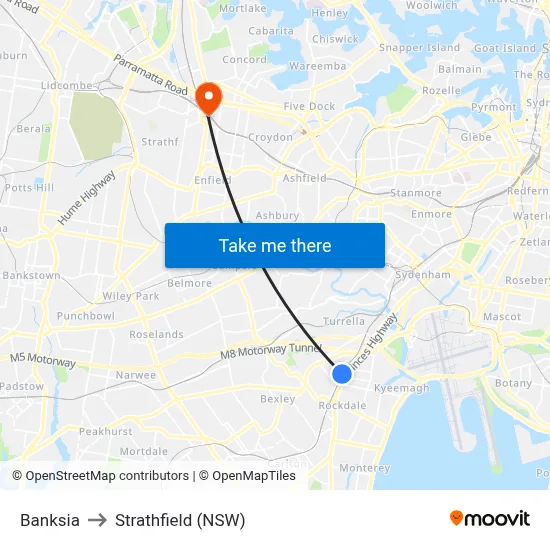 Banksia to Strathfield (NSW) map