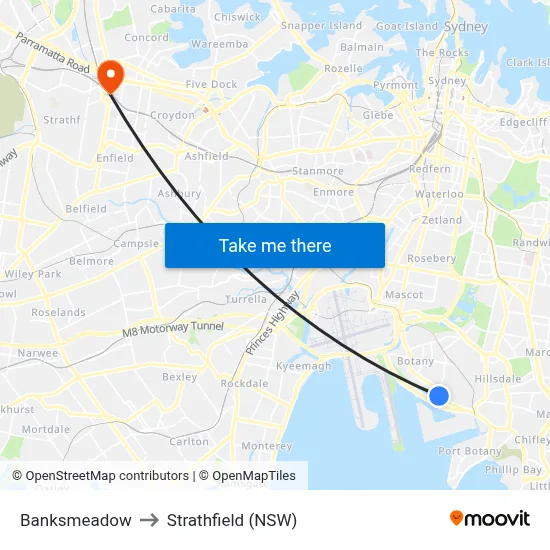 Banksmeadow to Strathfield (NSW) map