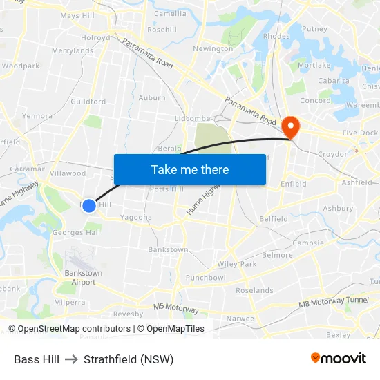 Bass Hill to Strathfield (NSW) map