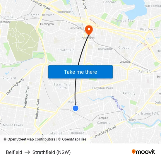 Belfield to Strathfield (NSW) map