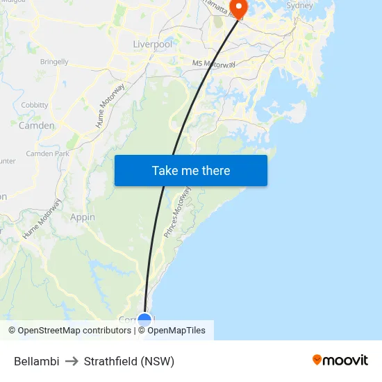 Bellambi to Strathfield (NSW) map