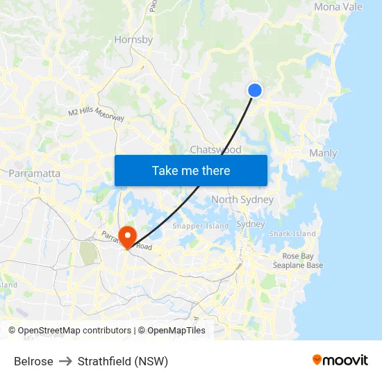 Belrose to Strathfield (NSW) map