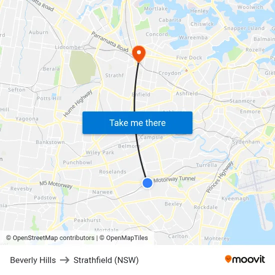 Beverly Hills to Strathfield (NSW) map