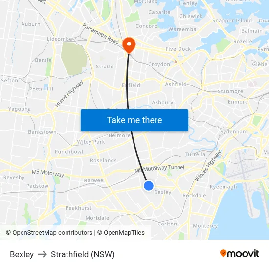 Bexley to Strathfield (NSW) map