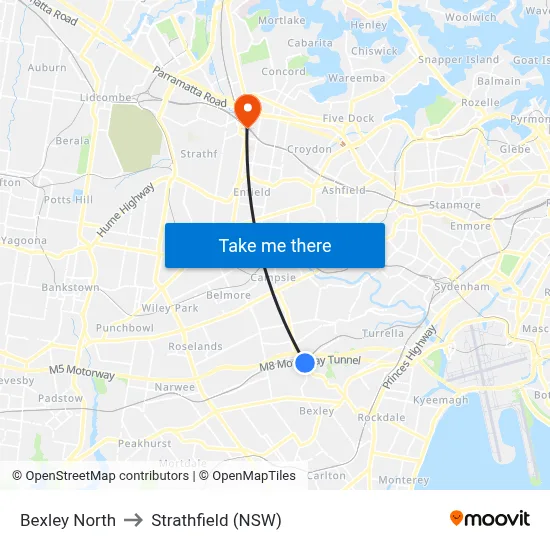 Bexley North to Strathfield (NSW) map