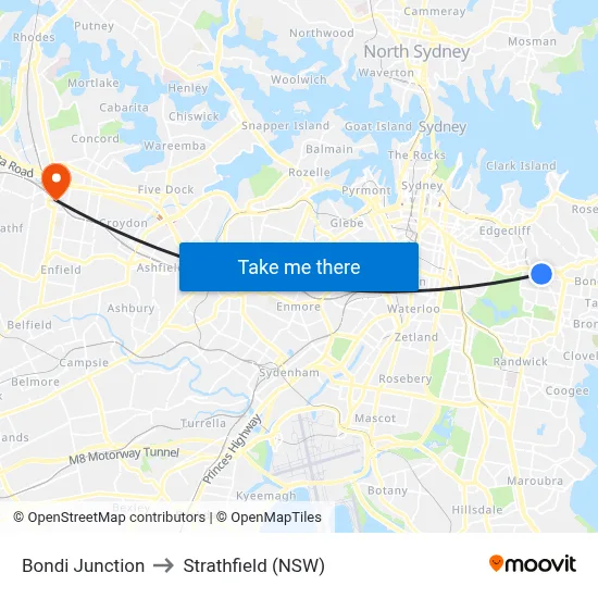Bondi Junction to Strathfield (NSW) map