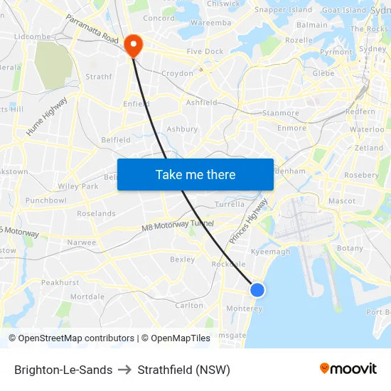 Brighton-Le-Sands to Strathfield (NSW) map