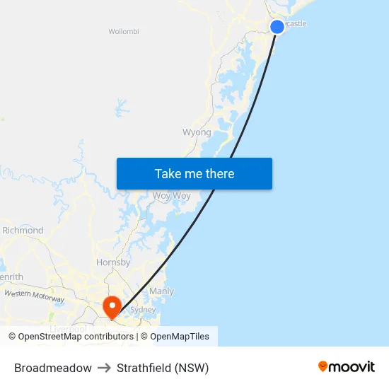 Broadmeadow to Strathfield (NSW) map