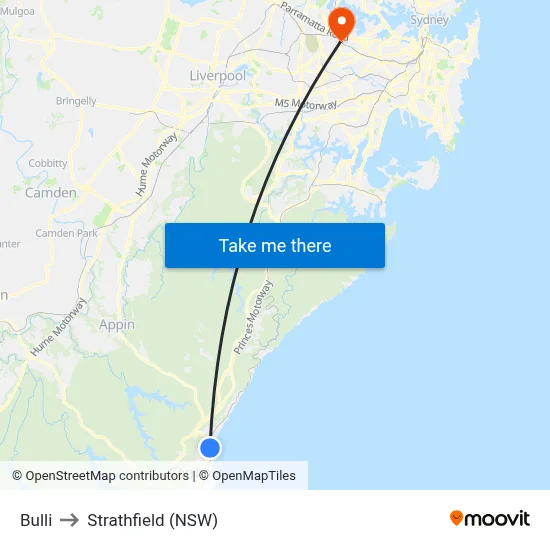 Bulli to Strathfield (NSW) map