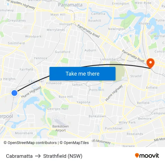 Cabramatta to Strathfield (NSW) map