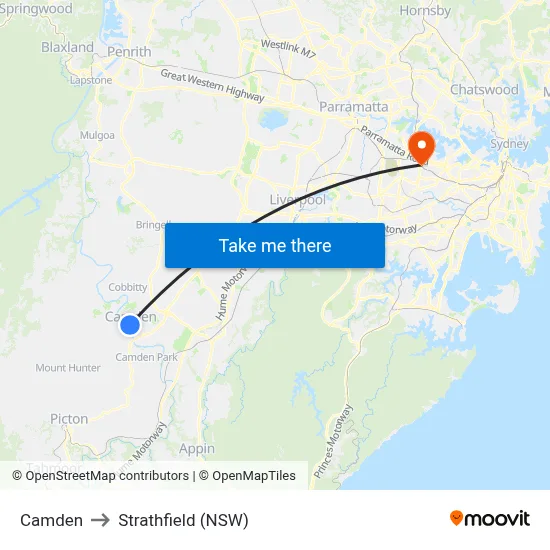 Camden to Strathfield (NSW) map