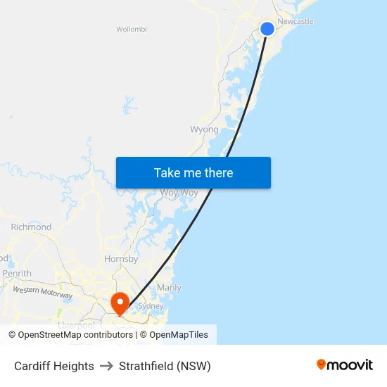Cardiff Heights to Strathfield (NSW) map
