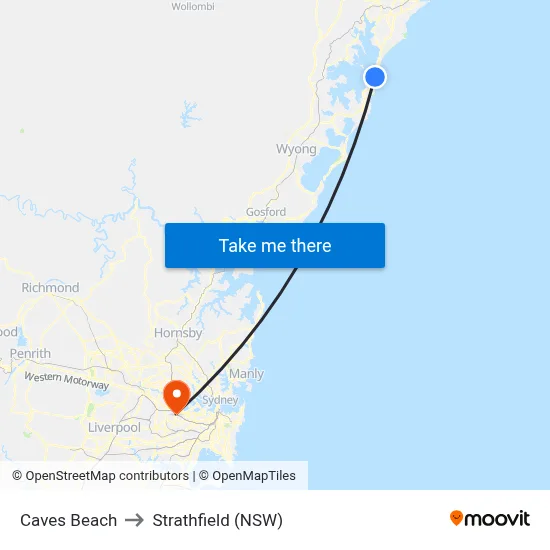 Caves Beach to Strathfield (NSW) map