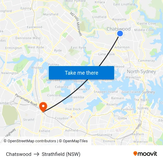 Chatswood to Strathfield (NSW) map