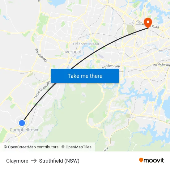 Claymore to Strathfield (NSW) map