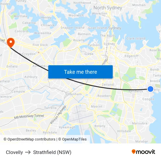 Clovelly to Strathfield (NSW) map