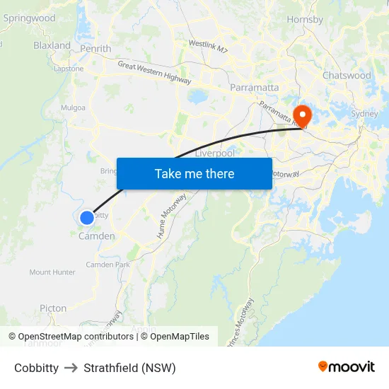 Cobbitty to Strathfield (NSW) map