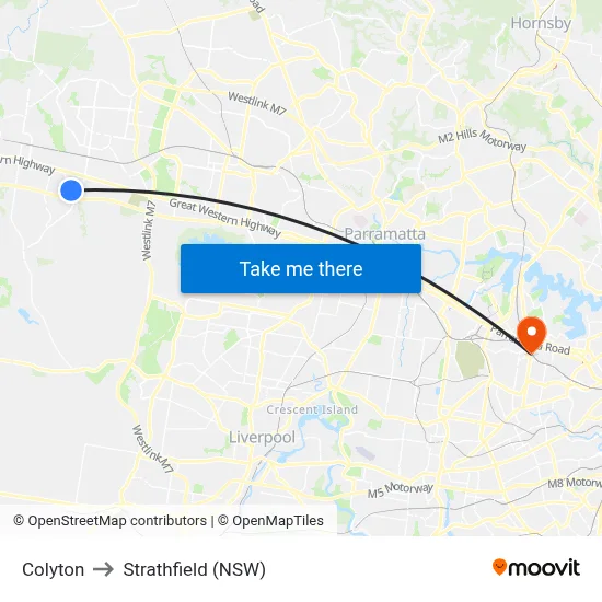 Colyton to Strathfield (NSW) map