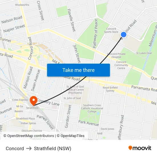 Concord to Strathfield (NSW) map