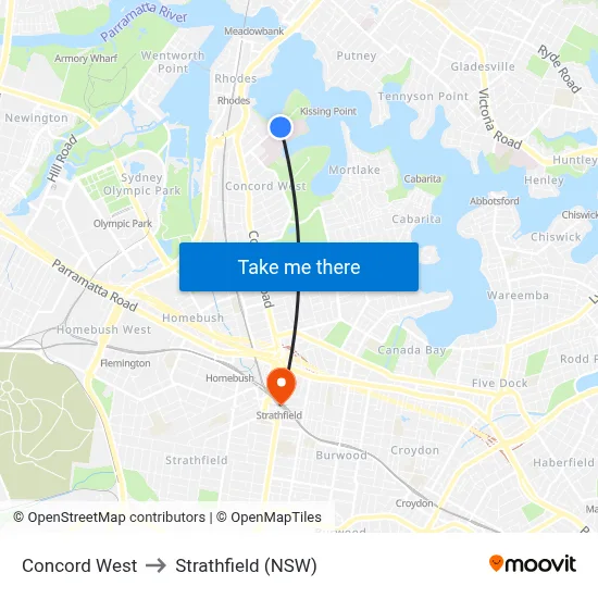 Concord West to Strathfield (NSW) map