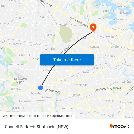 Condell Park to Strathfield (NSW) map