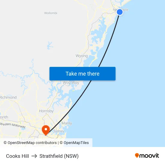 Cooks Hill to Strathfield (NSW) map