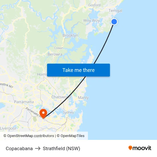Copacabana to Strathfield (NSW) map