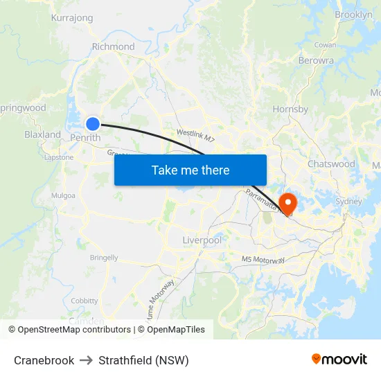 Cranebrook to Strathfield (NSW) map