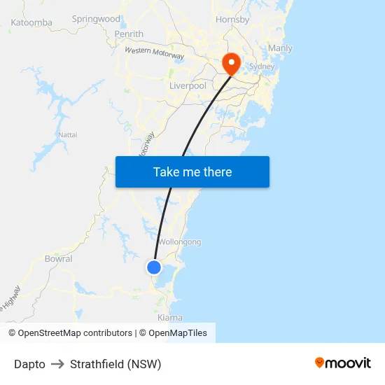 Dapto to Strathfield (NSW) map