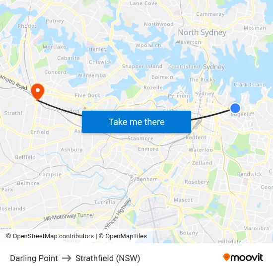 Darling Point to Strathfield (NSW) map