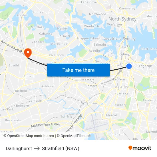Darlinghurst to Strathfield (NSW) map