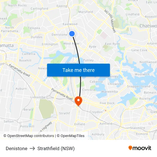 Denistone to Strathfield (NSW) map